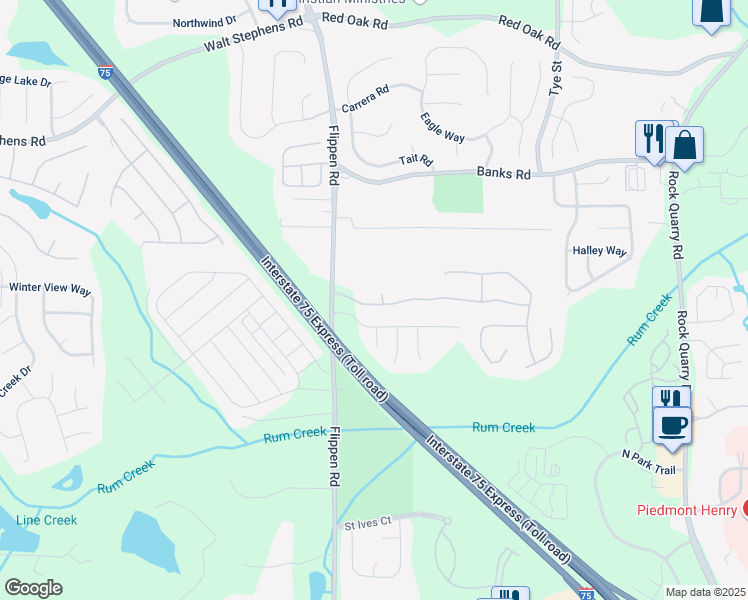 map of restaurants, bars, coffee shops, grocery stores, and more near 101 Verbena Court in Stockbridge
