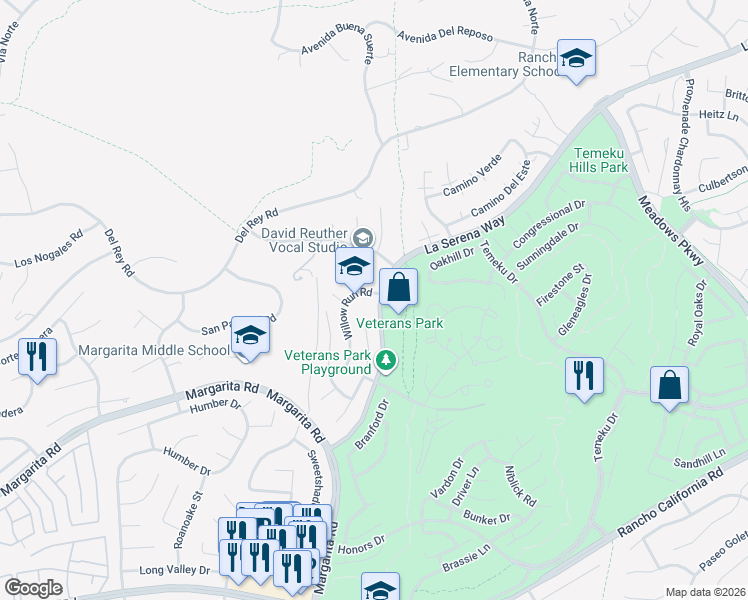 map of restaurants, bars, coffee shops, grocery stores, and more near 41402 Willow Run Road in Temecula