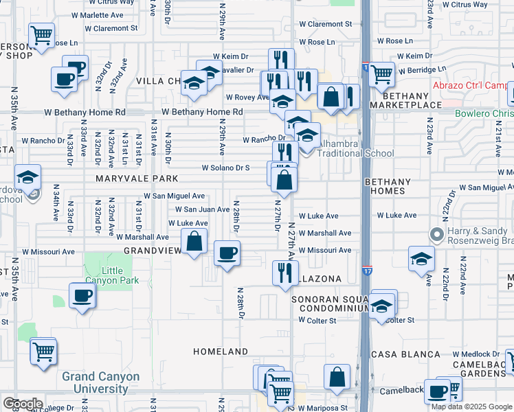 map of restaurants, bars, coffee shops, grocery stores, and more near 2750 West San Juan Avenue in Phoenix