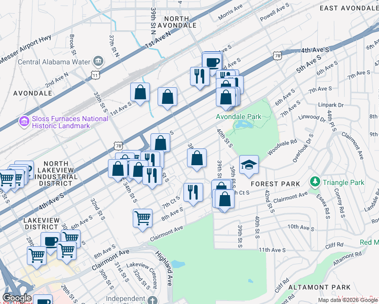 map of restaurants, bars, coffee shops, grocery stores, and more near 3726 6th Ave S in Birmingham