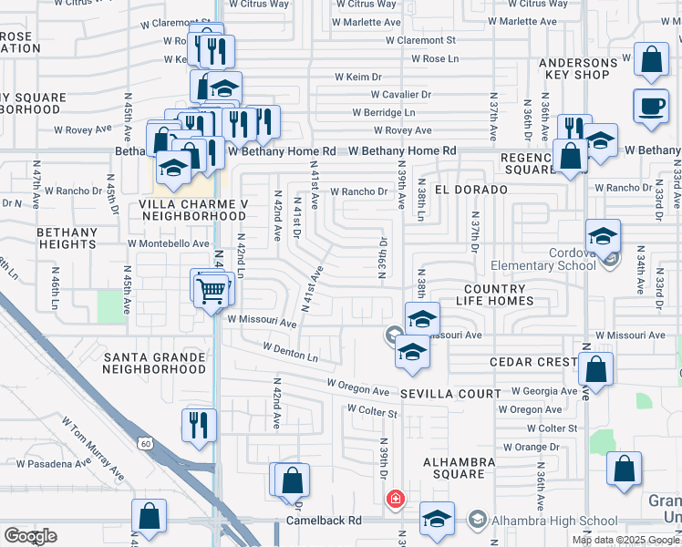 map of restaurants, bars, coffee shops, grocery stores, and more near 4019 West San Miguel Avenue in Phoenix