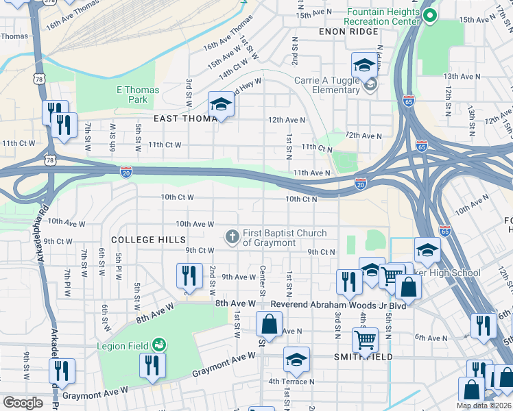 map of restaurants, bars, coffee shops, grocery stores, and more near 1024 Center Street in Birmingham