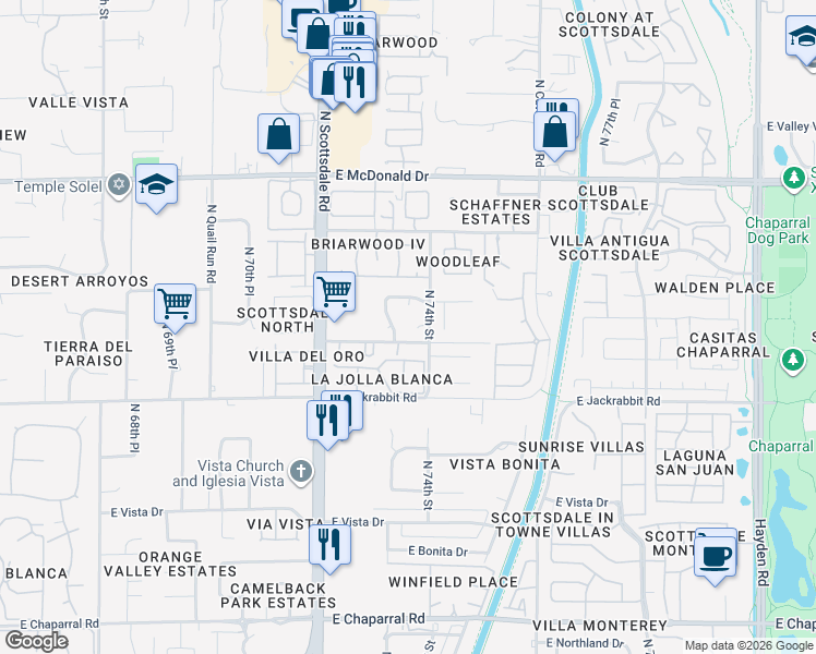 map of restaurants, bars, coffee shops, grocery stores, and more near 7328 East Laredo Lane in Scottsdale