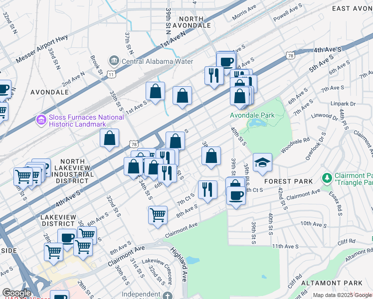 map of restaurants, bars, coffee shops, grocery stores, and more near 3701 5th Avenue South in Birmingham