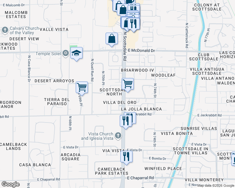 map of restaurants, bars, coffee shops, grocery stores, and more near 5610 North Scottsdale Road in Paradise Valley