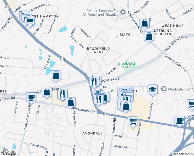 map of restaurants, bars, coffee shops, grocery stores, and more near 2763 Mayo Road in Augusta
