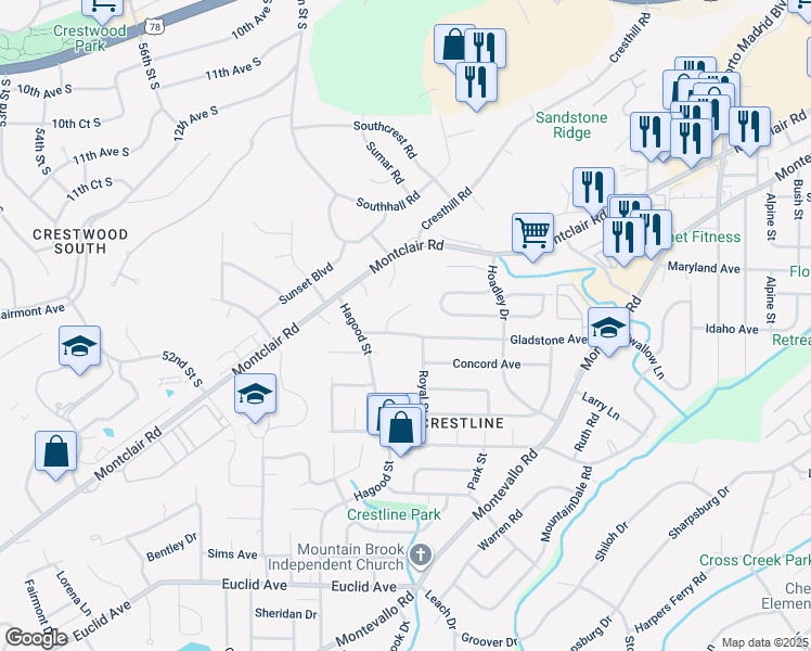 map of restaurants, bars, coffee shops, grocery stores, and more near 1120 Gladstone Avenue in Birmingham