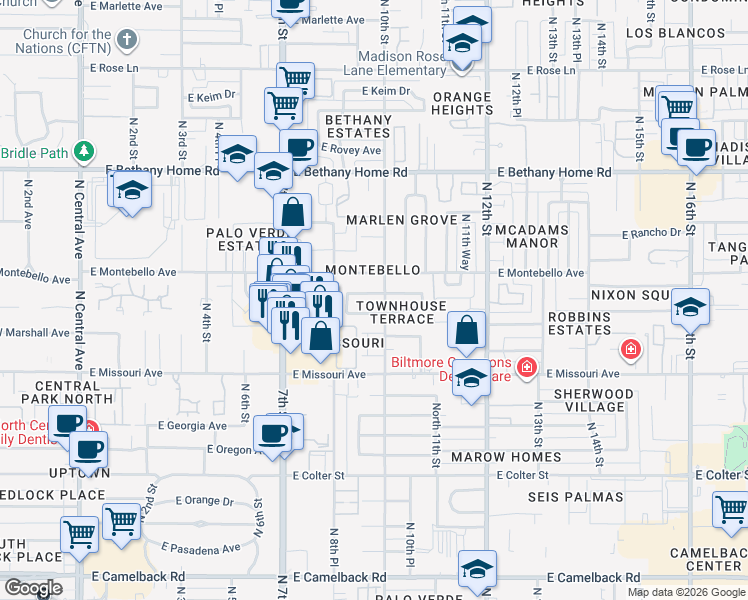 map of restaurants, bars, coffee shops, grocery stores, and more near 1002 East San Juan Avenue in Phoenix