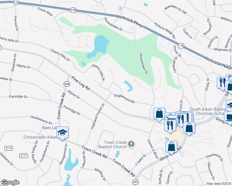 map of restaurants, bars, coffee shops, grocery stores, and more near 120 Englewood Road in Aiken