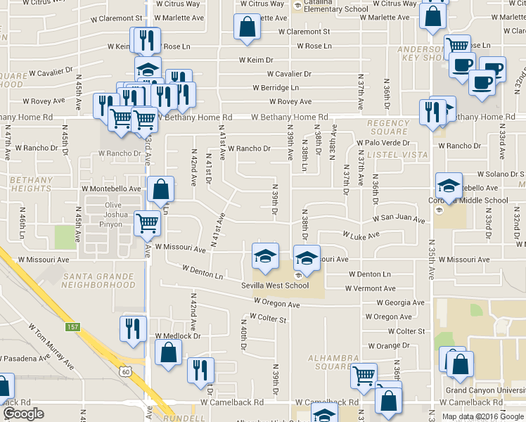 map of restaurants, bars, coffee shops, grocery stores, and more near 3937 West San Miguel Avenue in Phoenix