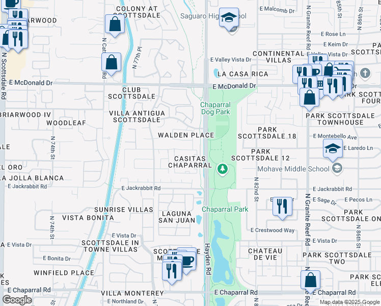 map of restaurants, bars, coffee shops, grocery stores, and more near 7921 East San Miguel Avenue in Scottsdale