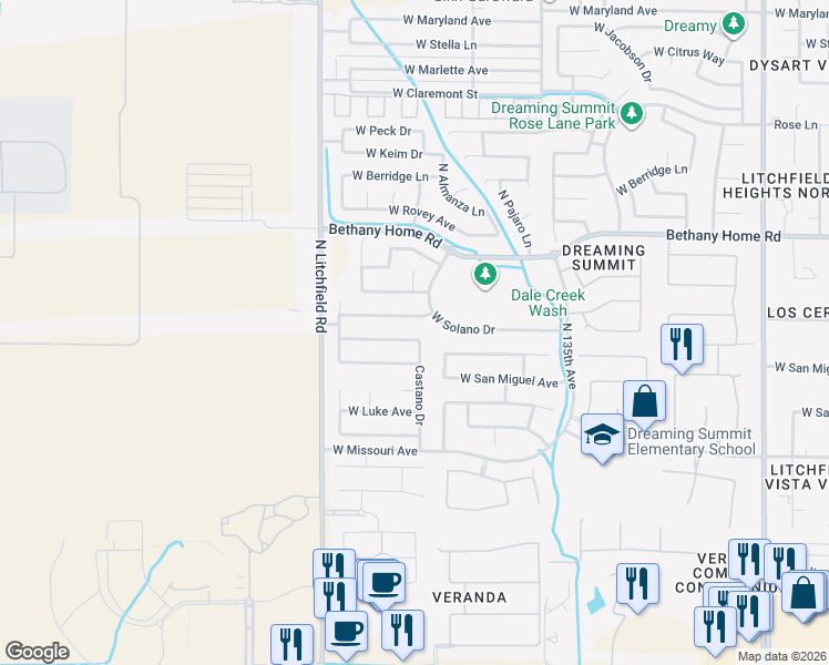map of restaurants, bars, coffee shops, grocery stores, and more near 13714 West Montebello Avenue in Litchfield Park