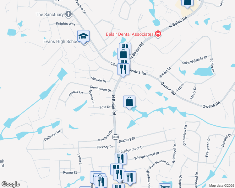map of restaurants, bars, coffee shops, grocery stores, and more near 245 North Belair Road in Evans