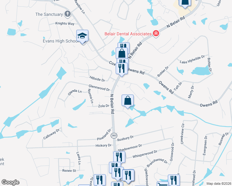 map of restaurants, bars, coffee shops, grocery stores, and more near 245 North Belair Road in Evans