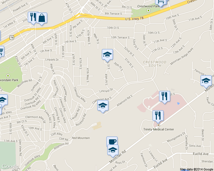 map of restaurants, bars, coffee shops, grocery stores, and more near 4816 Lincrest Drive in Birmingham
