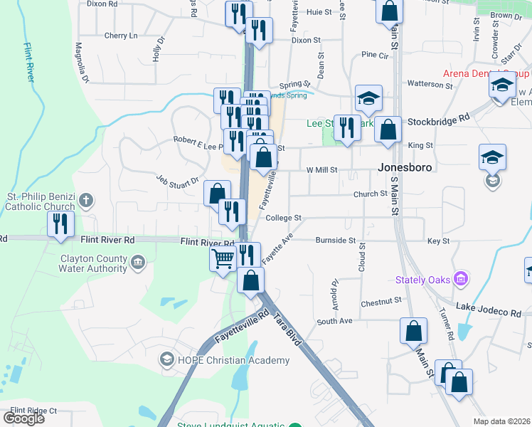 map of restaurants, bars, coffee shops, grocery stores, and more near 180 College Street in Jonesboro