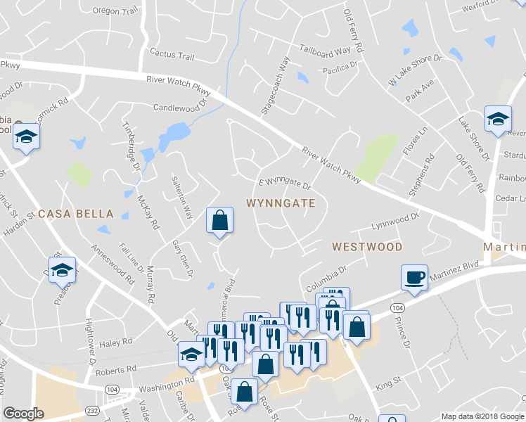 map of restaurants, bars, coffee shops, grocery stores, and more near 268 Valley View Court in Martinez