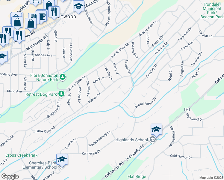 map of restaurants, bars, coffee shops, grocery stores, and more near 5046 Juiata Drive in Irondale