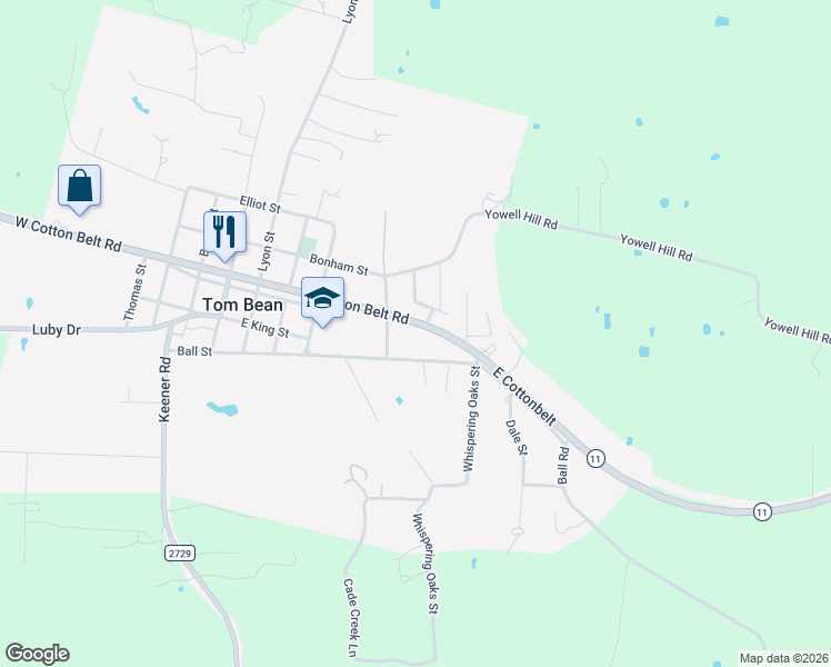 map of restaurants, bars, coffee shops, grocery stores, and more near 512 Texas 11 in Tom Bean