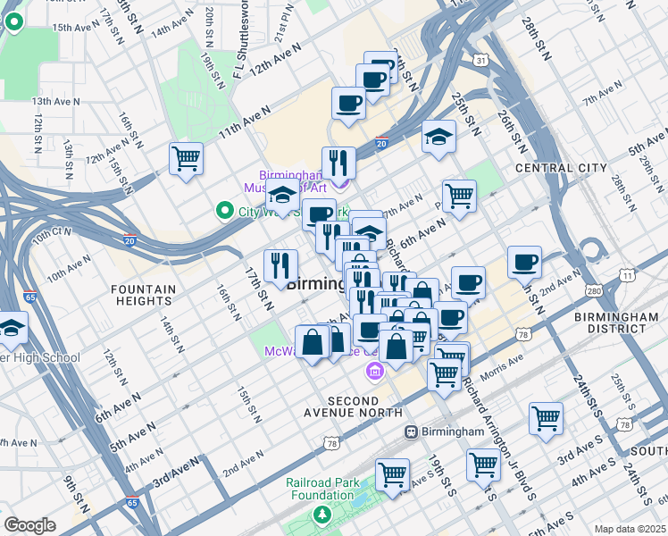 map of restaurants, bars, coffee shops, grocery stores, and more near in Birmingham