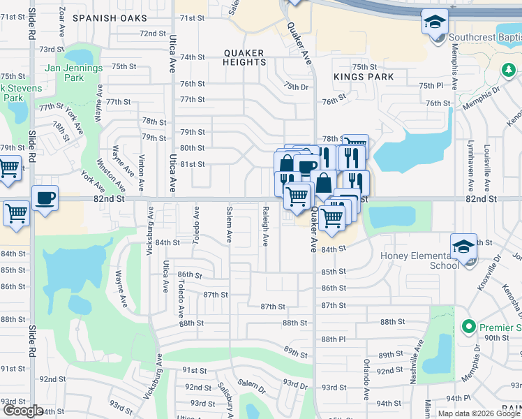 map of restaurants, bars, coffee shops, grocery stores, and more near 8201 Richmond Avenue in Lubbock