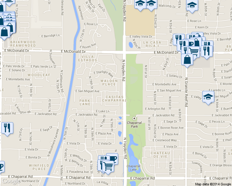 map of restaurants, bars, coffee shops, grocery stores, and more near 7921 East San Miguel Avenue in Scottsdale