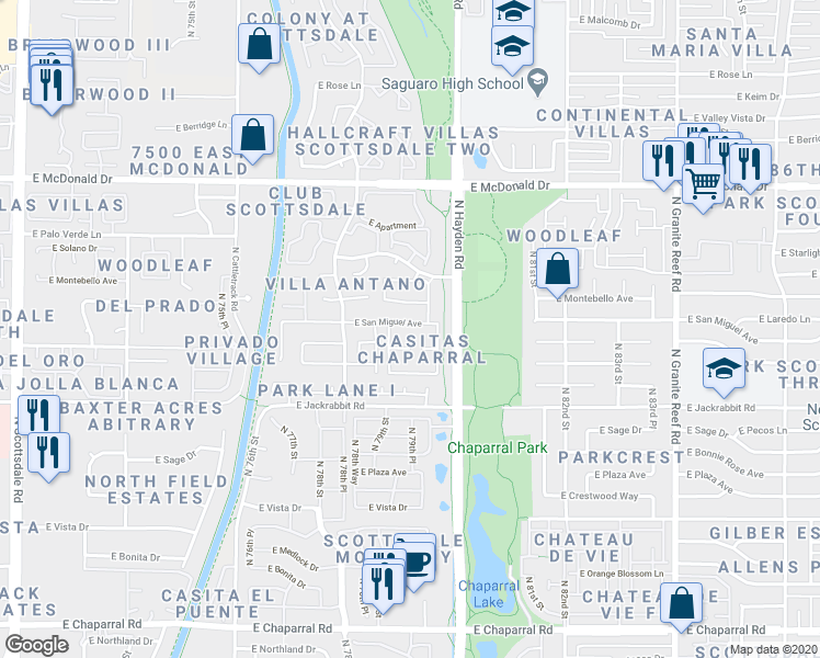 map of restaurants, bars, coffee shops, grocery stores, and more near 7921 East San Miguel Avenue in Scottsdale