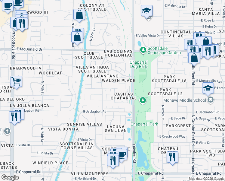 map of restaurants, bars, coffee shops, grocery stores, and more near 5654 North 78th Way in Scottsdale