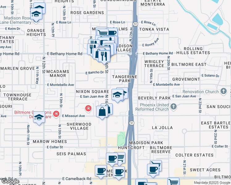 map of restaurants, bars, coffee shops, grocery stores, and more near 5627 North 16th Street in Phoenix