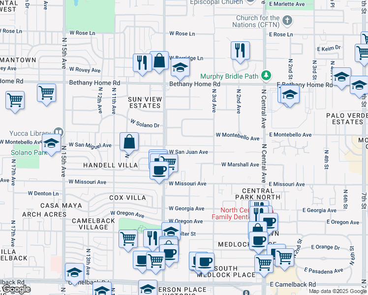 map of restaurants, bars, coffee shops, grocery stores, and more near 348 West San Juan Avenue in Phoenix