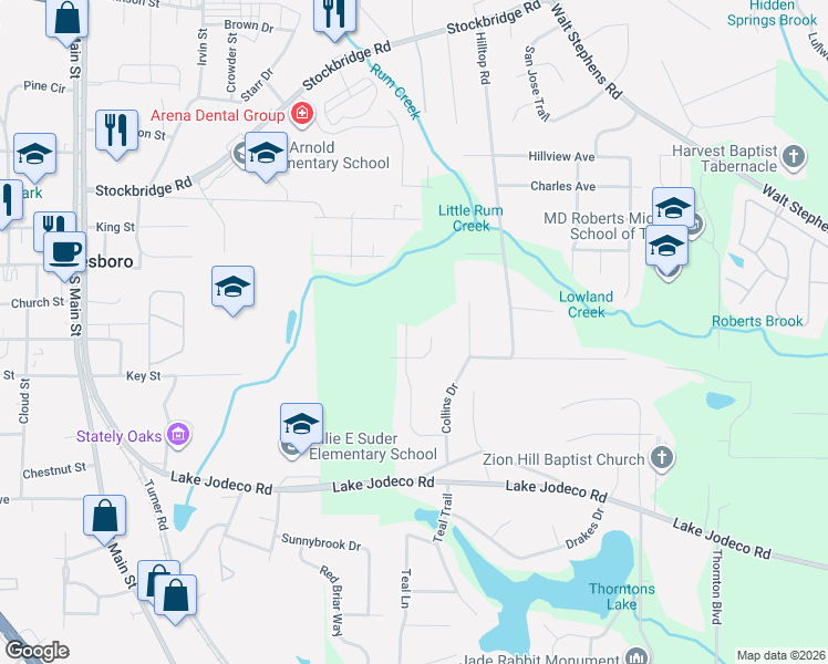 map of restaurants, bars, coffee shops, grocery stores, and more near 8653 Embrey Drive in Jonesboro