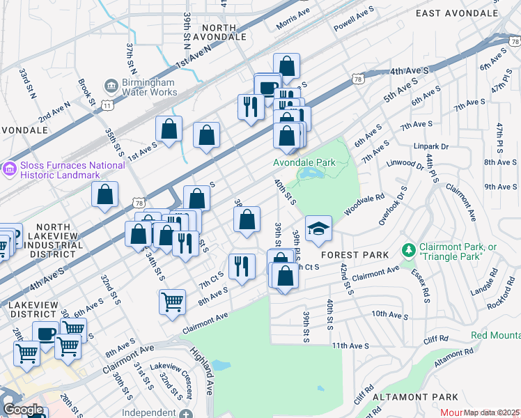 map of restaurants, bars, coffee shops, grocery stores, and more near 2738 6th Avenue South in Birmingham