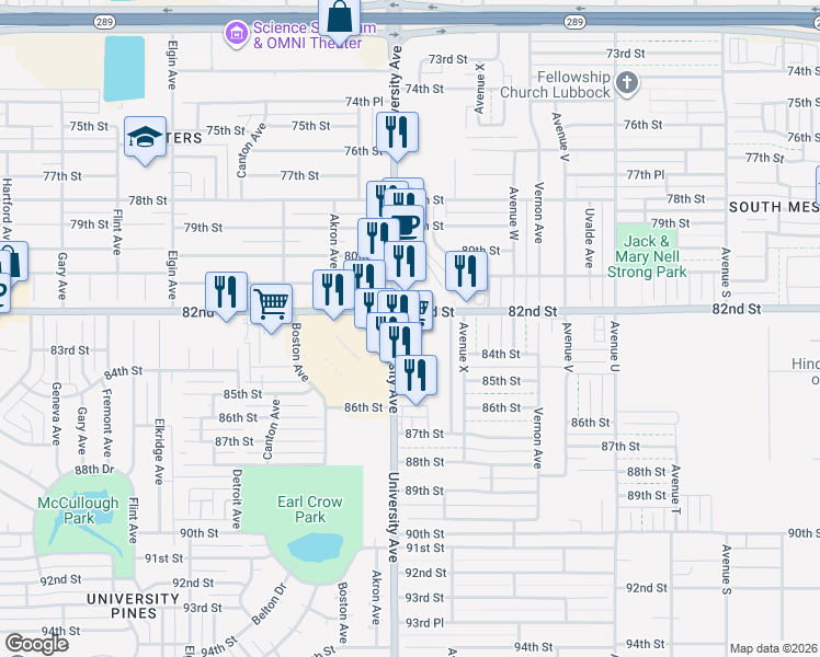 map of restaurants, bars, coffee shops, grocery stores, and more near 8201 University Ave in Lubbock