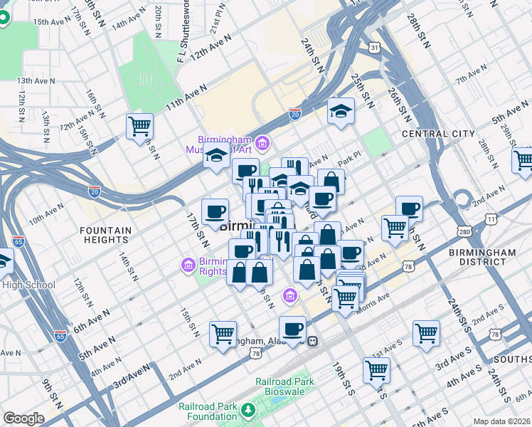 map of restaurants, bars, coffee shops, grocery stores, and more near 1909 Park Place in Birmingham