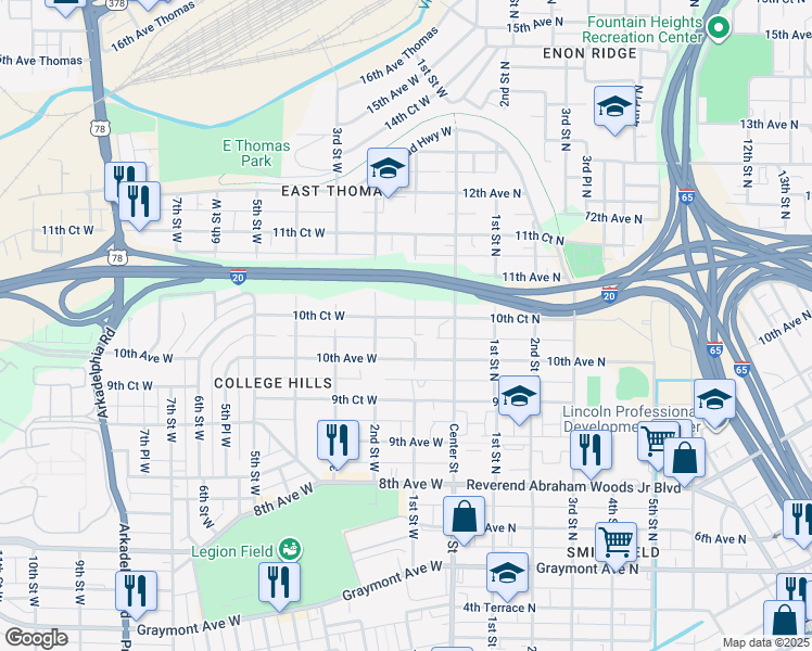 map of restaurants, bars, coffee shops, grocery stores, and more near 105 10th Court West in Birmingham