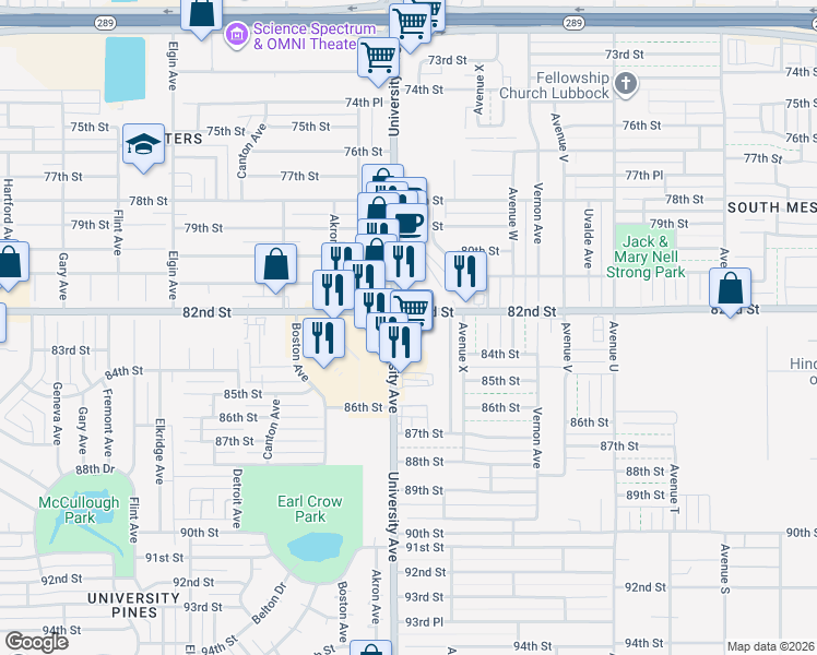 map of restaurants, bars, coffee shops, grocery stores, and more near 8201 University Avenue in Lubbock