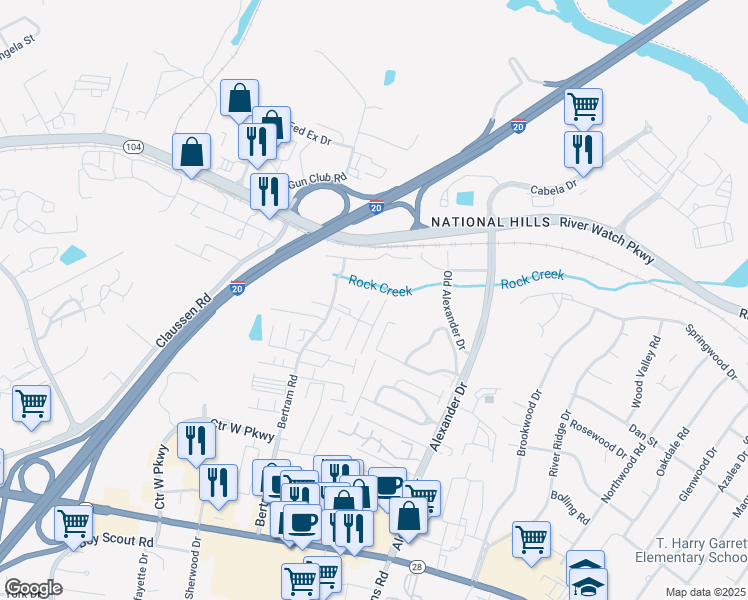 map of restaurants, bars, coffee shops, grocery stores, and more near 2122 Buckhaven Drive in Augusta