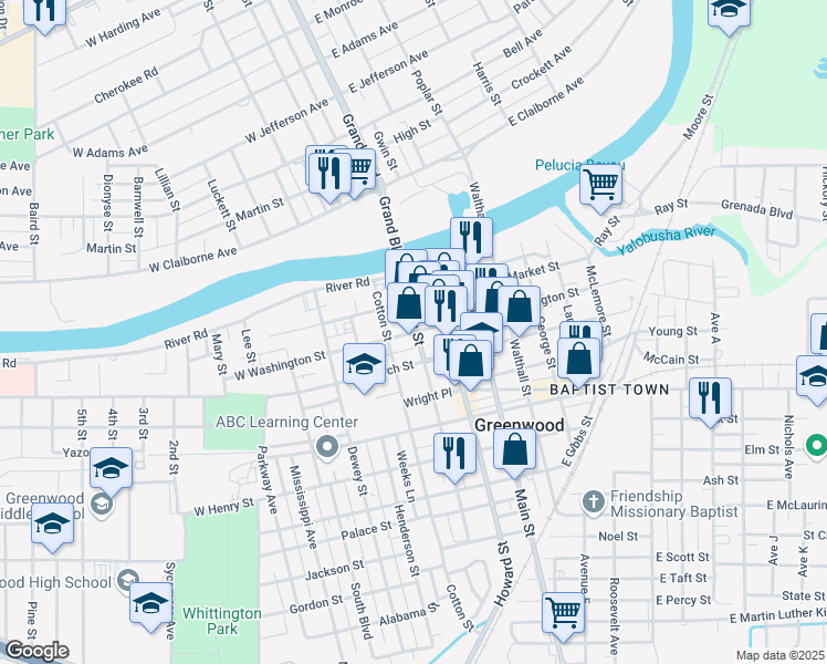 map of restaurants, bars, coffee shops, grocery stores, and more near 310 West Washington Street in Greenwood