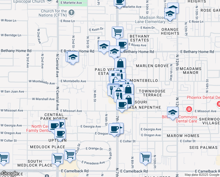 map of restaurants, bars, coffee shops, grocery stores, and more near 5624 North 6th Street in Phoenix