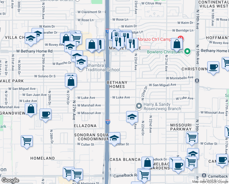 map of restaurants, bars, coffee shops, grocery stores, and more near 2422 West Luke Avenue in Phoenix