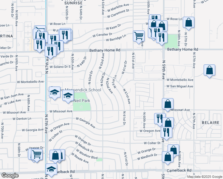 map of restaurants, bars, coffee shops, grocery stores, and more near 5608 North 62nd Avenue in Glendale