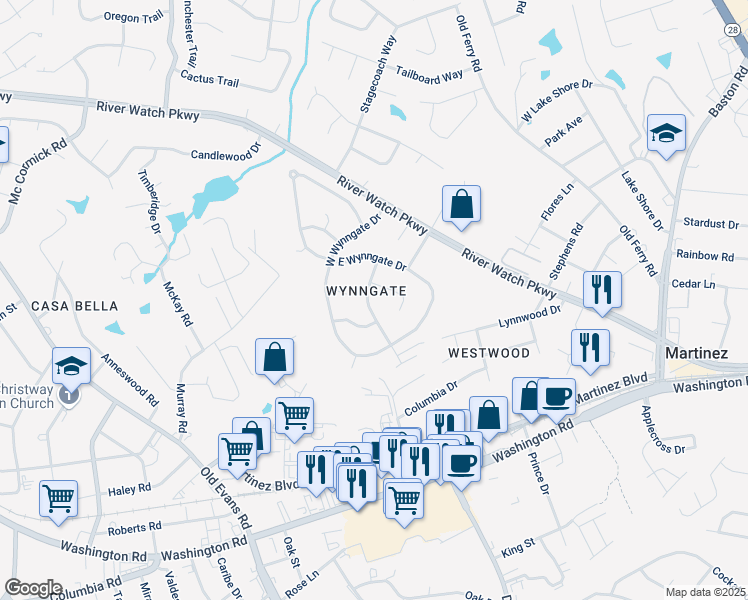 map of restaurants, bars, coffee shops, grocery stores, and more near 3812 Pine Knoll Court in Martinez