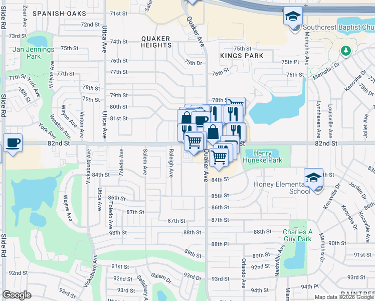 map of restaurants, bars, coffee shops, grocery stores, and more near 4413 82nd Street in Lubbock