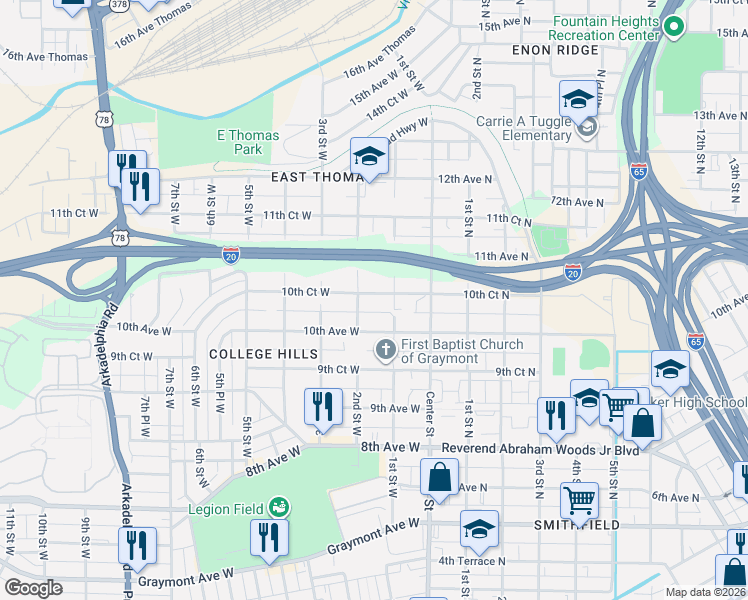 map of restaurants, bars, coffee shops, grocery stores, and more near 105 10th Court West in Birmingham