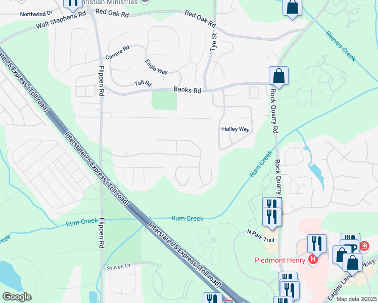 map of restaurants, bars, coffee shops, grocery stores, and more near 409 Avian Forest Drive in Stockbridge