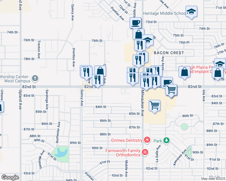 map of restaurants, bars, coffee shops, grocery stores, and more near 6703 82nd Street in Lubbock