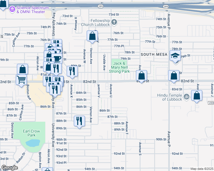 map of restaurants, bars, coffee shops, grocery stores, and more near 2101 82nd Street in Lubbock