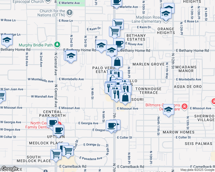map of restaurants, bars, coffee shops, grocery stores, and more near 602 East San Juan Avenue in Phoenix
