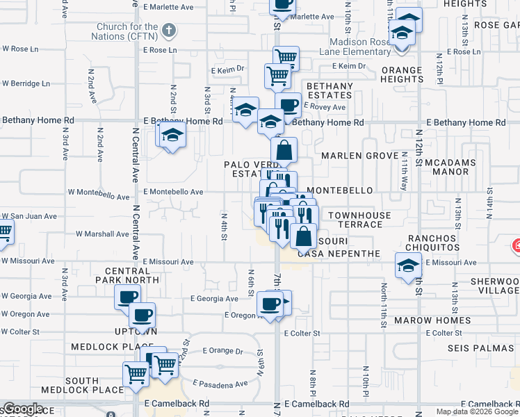 map of restaurants, bars, coffee shops, grocery stores, and more near 5624 North 6th Street in Phoenix