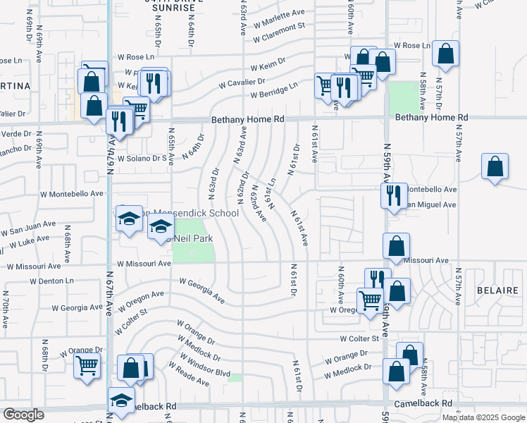 map of restaurants, bars, coffee shops, grocery stores, and more near 5608 North 62nd Avenue in Glendale